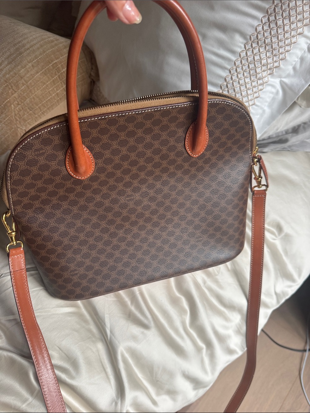 Celine macadam Brown Patterned Dome Satchel Handbag with Tan Trim